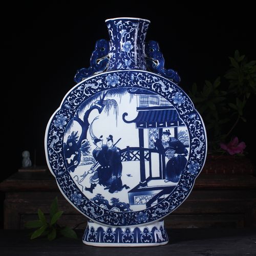 青花瓷器大扁瓶古典历史人物图花瓶景德镇陶瓷中式家居装饰品摆件